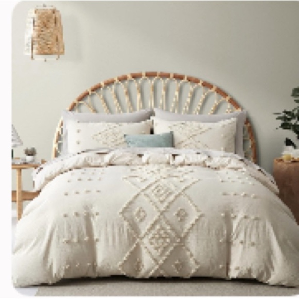 Anthro Boho Cream Tassel Duvet Cover and King Shams